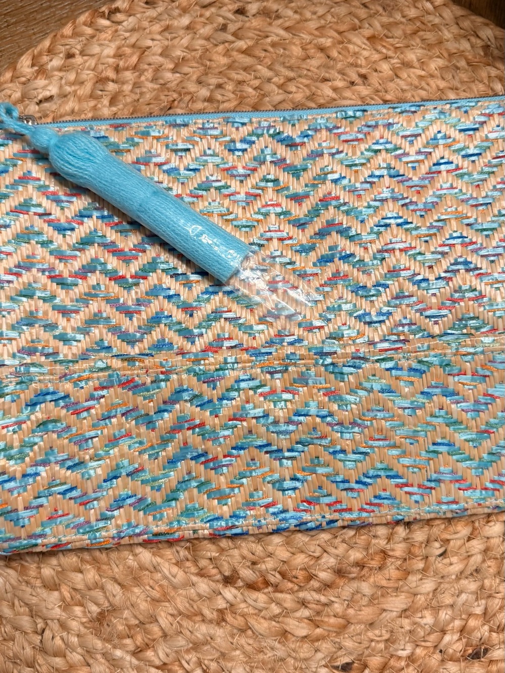 Lancome Blue and Natural Woven Cosmetic Pouch with Tassel